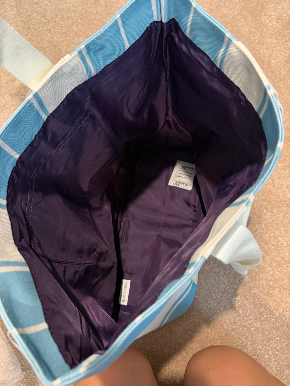 Pureology Light Blue and White Striped Tote with Purple Lining - Picture 4 of 7
